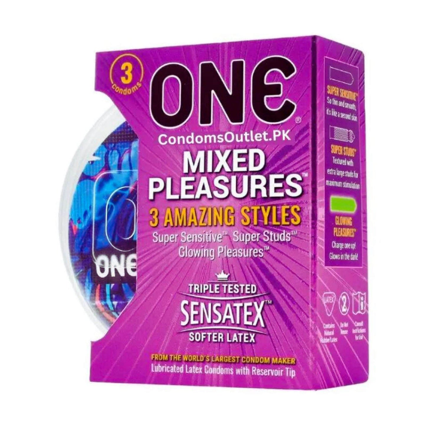 Buy ONE® Mixed Pleasures™ Condoms (3s) | Studded, Thin & Glow | CondomsOutlet.Pk