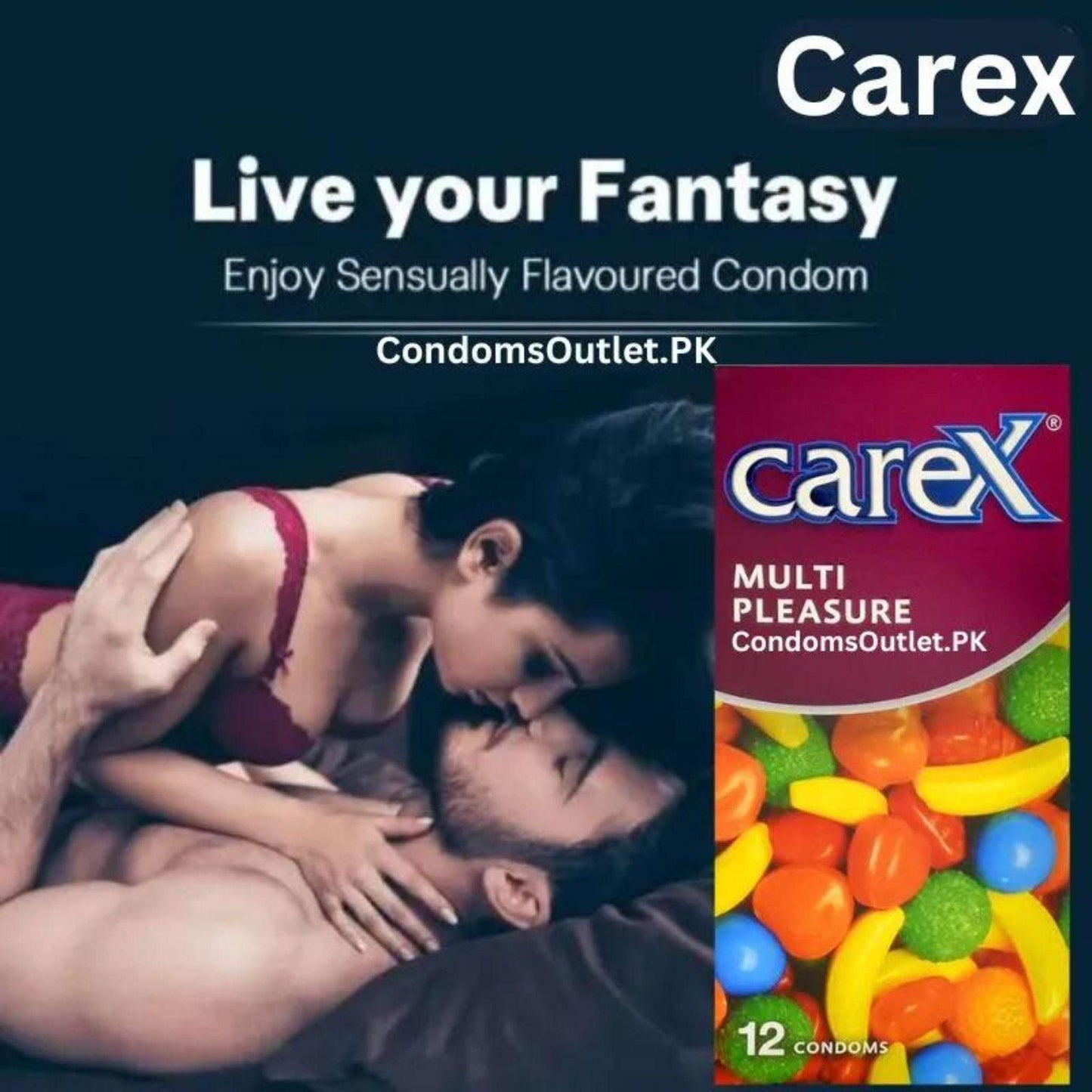 Box of Carex Assorted Flavours Condoms with 6 different fruit flavors