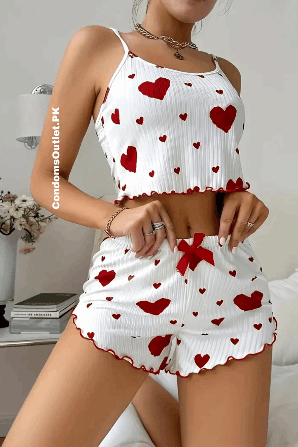 Cute Love Print Pajama Set - Women's Suspenders & Shorts - CondomsOutlet.Pk