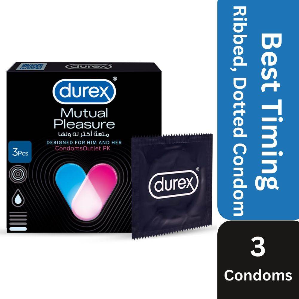Box of Durex Mutual Pleasure Condoms with ribs, dots, and delay - Pack of 3