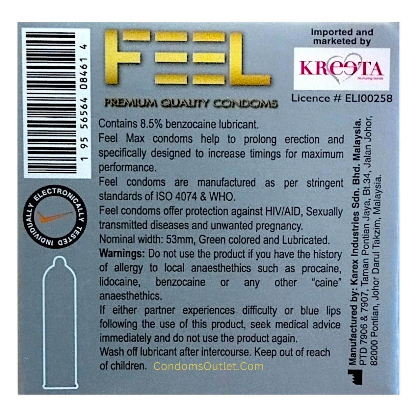 Box of Feel Max Delay green colored condoms for maximum performance - Pack of 3 - Back view