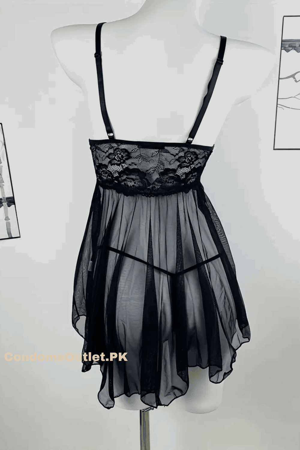 Sheer Lace-Trim Babydoll Lingerie Set - Women's Mesh Slip & Thong - CondomsOutlet.Pk