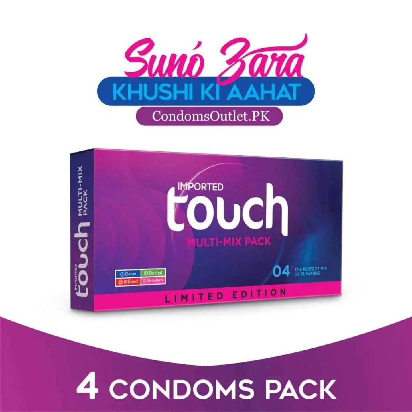 Touch Multi Mix Condoms 4-pack with Ribbed, Dotted, Delay, and Strawberry styles