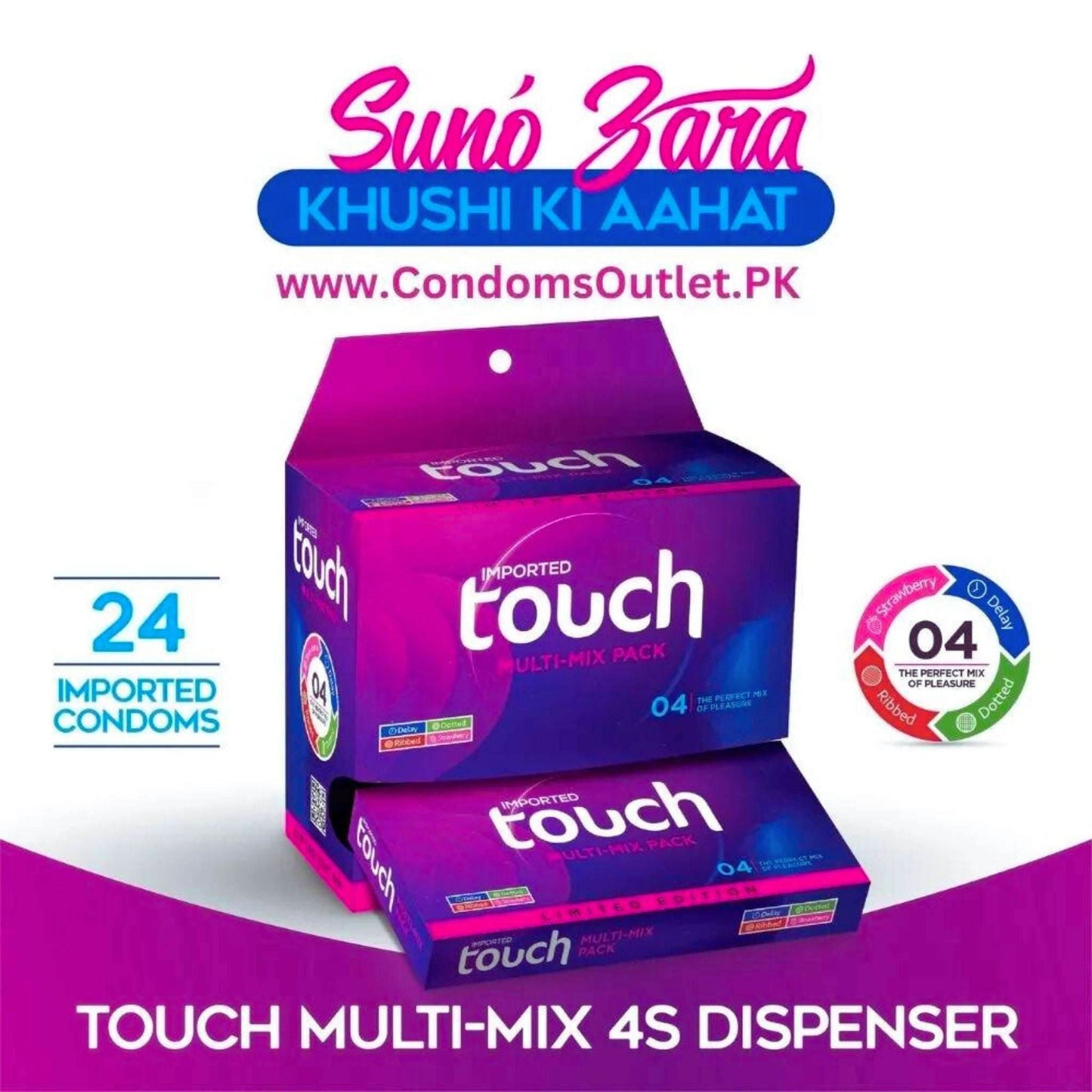 Dispenser box of Touch Multi Mix Condoms with 4 different styles (Ribbed, Dotted, Delay, Strawberry)