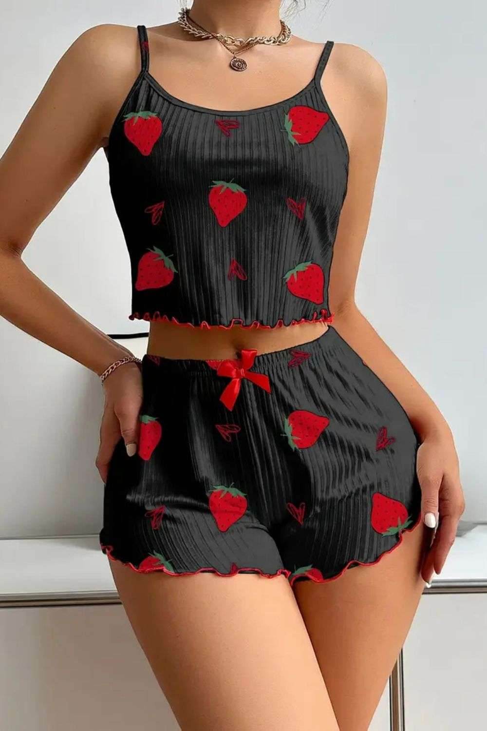 Women’s Strawberry Print Pajama Set - Round Neck Backless Crop Cami Top & Shorts - CondomsOutlet.Pk