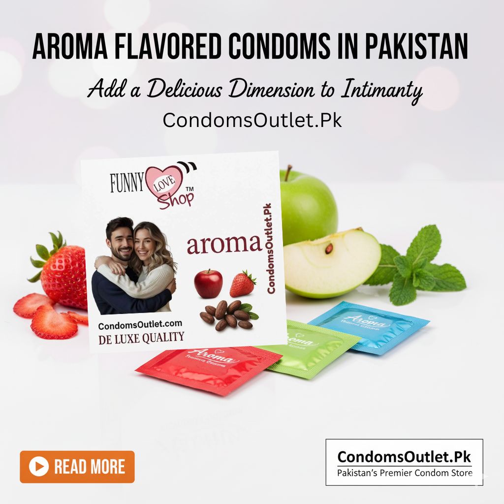 Aroma Flavored Condoms ka variety pack jis mein Apple, Mint, aur Strawberry zaiqay hain.