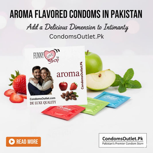 Aroma Flavored Condoms ka variety pack jis mein Apple, Mint, aur Strawberry zaiqay hain.