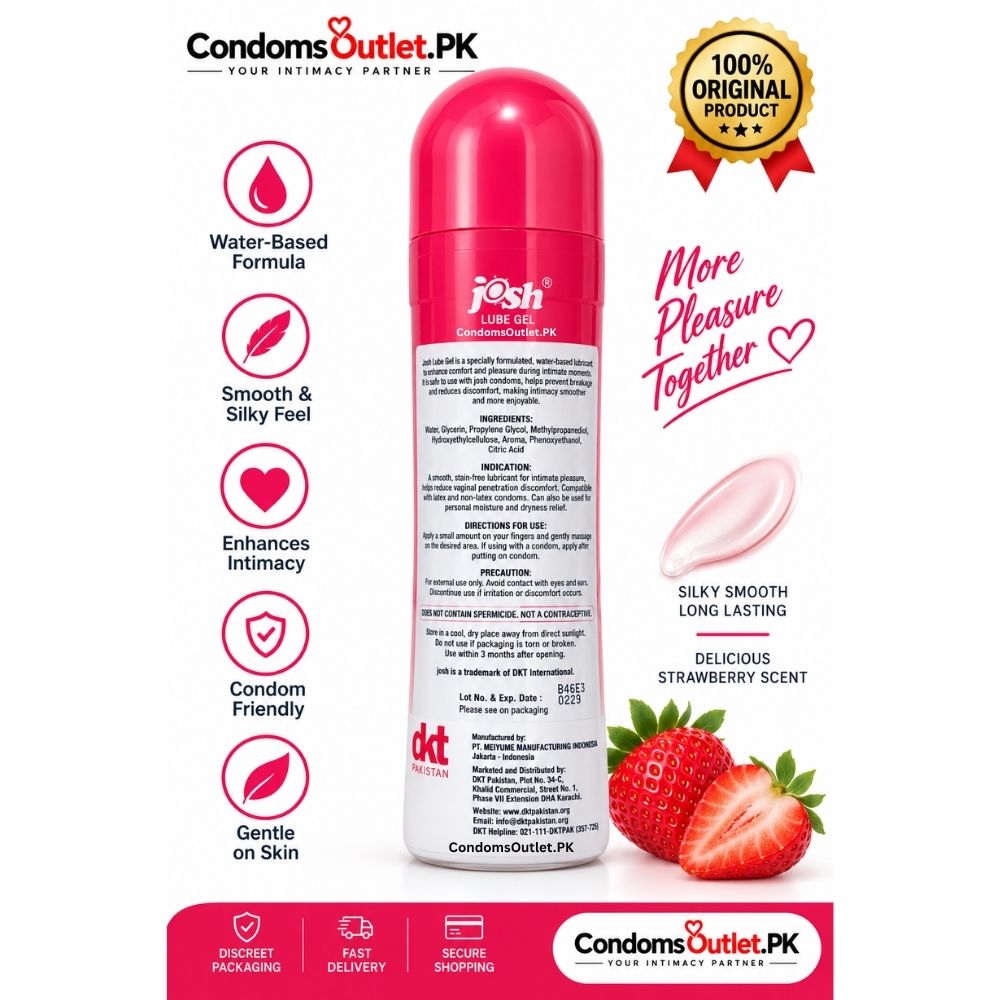 Josh Strawberry personal lubricant gel 50ml back label view showing official ingredients and precautions