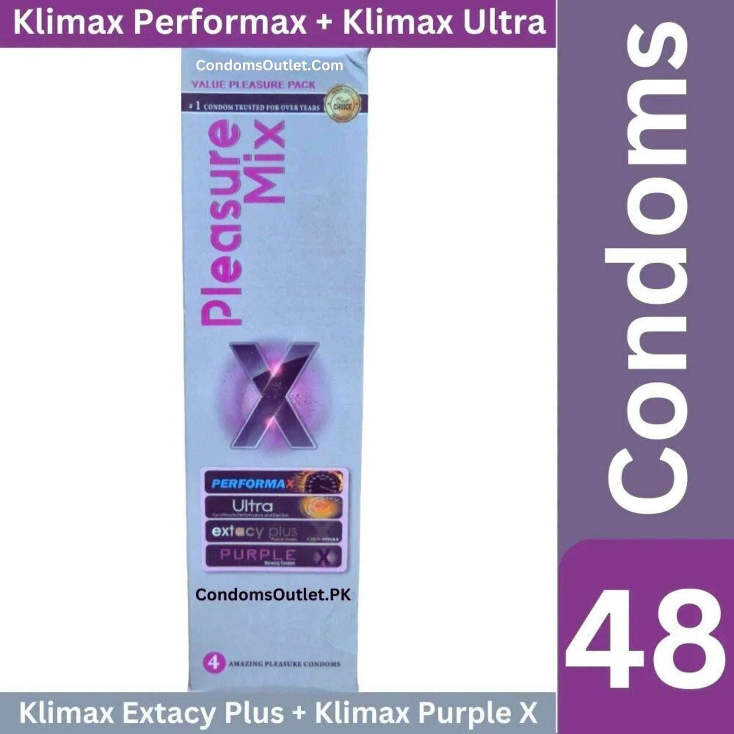 Dispenser box of Klimax Pleasure Mix Condoms with 4 different styles

