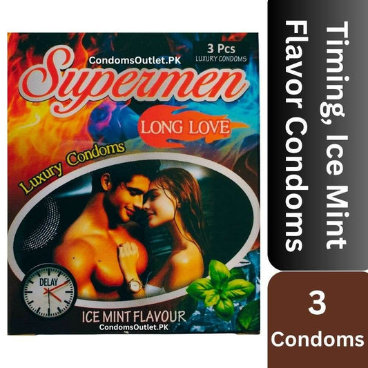 Supermen Long Timing Condoms - Ice Mint Flavor Condoms (Random Designs) - CondomsOutlet.Pk