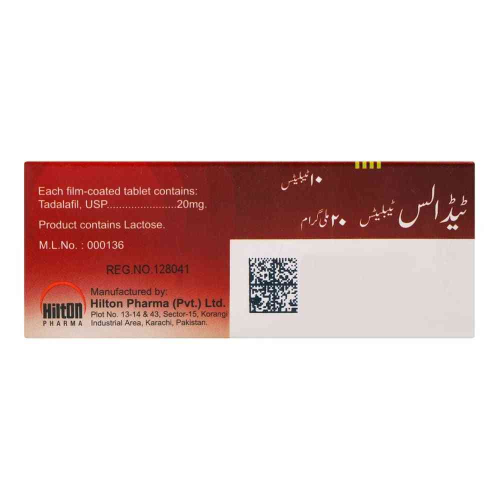 Tadalaf 20mg box packaging in Urdu and English, manufactured by Hilton Pharma, featuring a dark red and white design with a QR code.